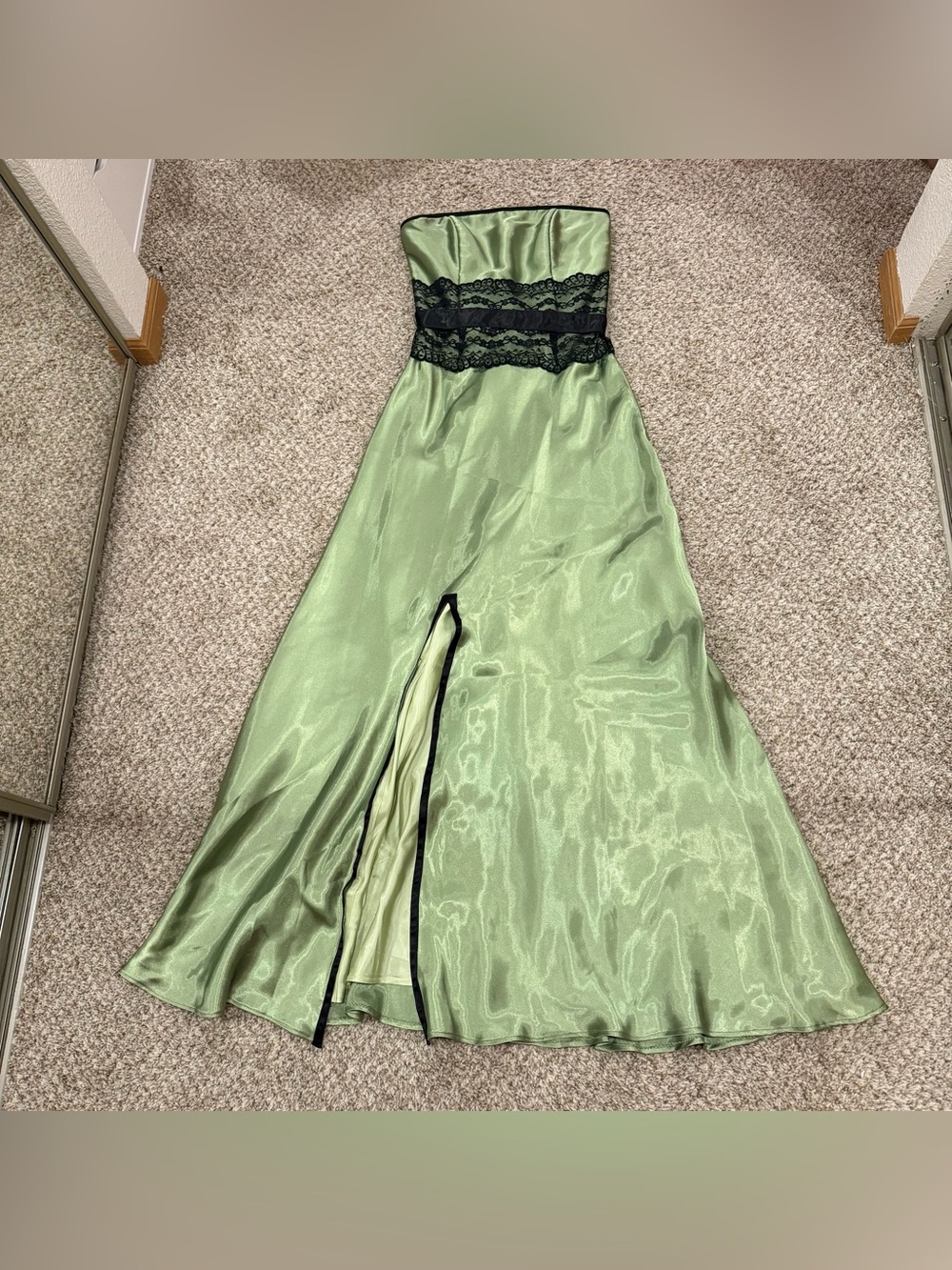 Vintage Jessica McClintock for Gunne Sax green strapless satin black lace dress - Picture 2 of 11